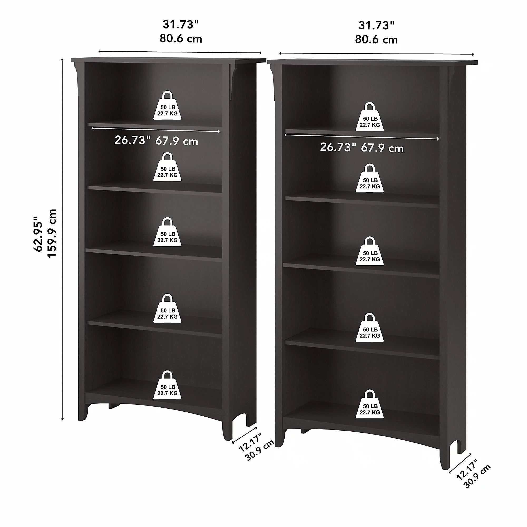 Vintage Black 5 Shelf Bookcase, Set of 2 D226