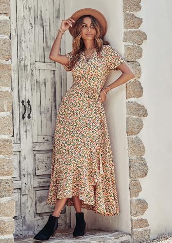 Women's Summer Wrap Maxi Dress Boho Floral V Neck Short Sleeve Ruffle Hem Split Beach Long Dresses M706792