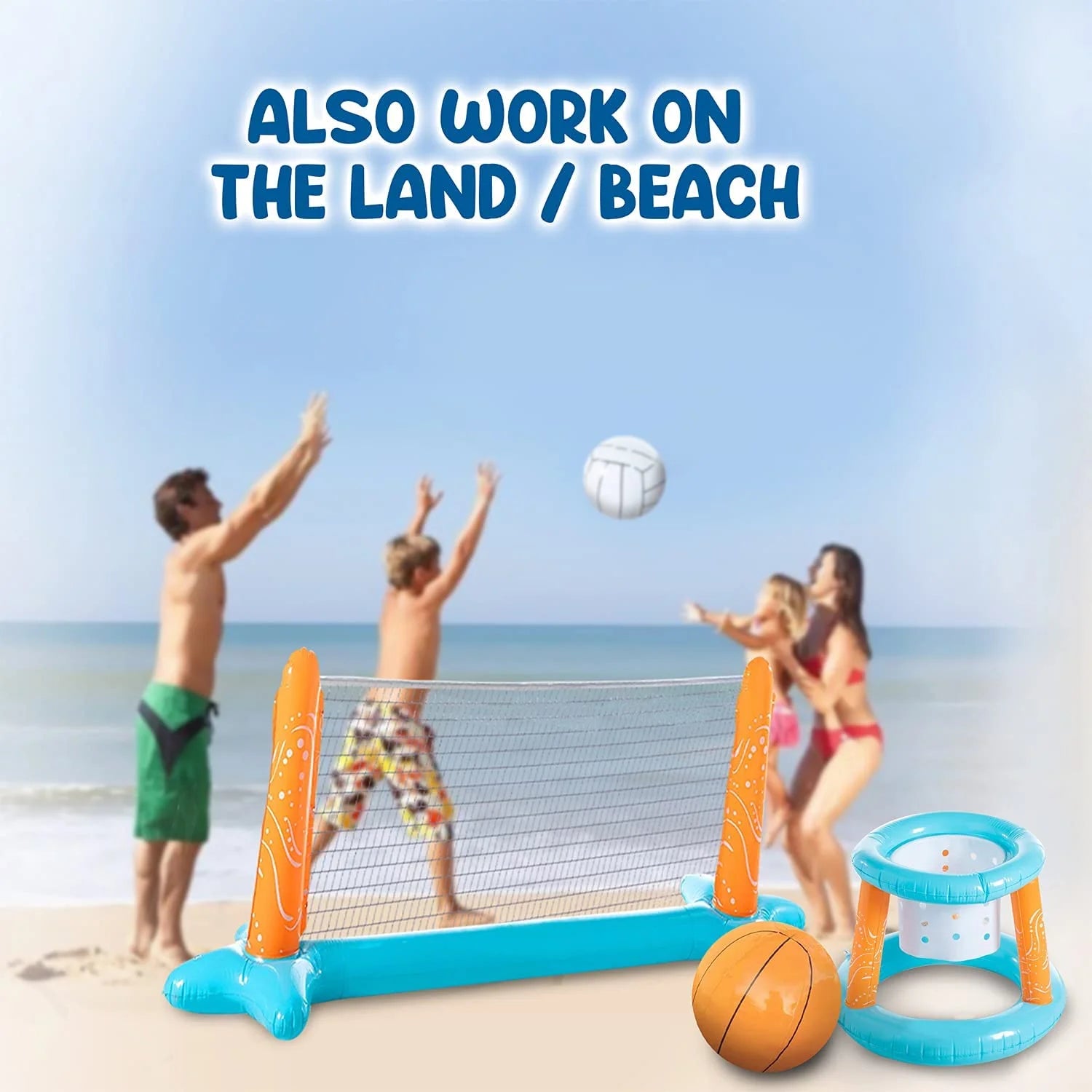 Light Blue Inflatable Pool Volleyball Set with 2 Balls and Basketball Hoops U792