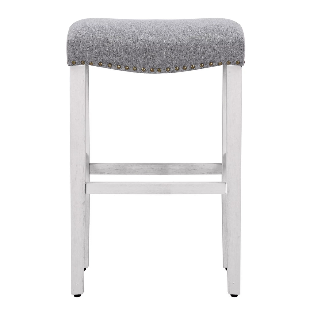 White Wooden Bar Stool Set of 2 with Gray Linen Cushion F5241