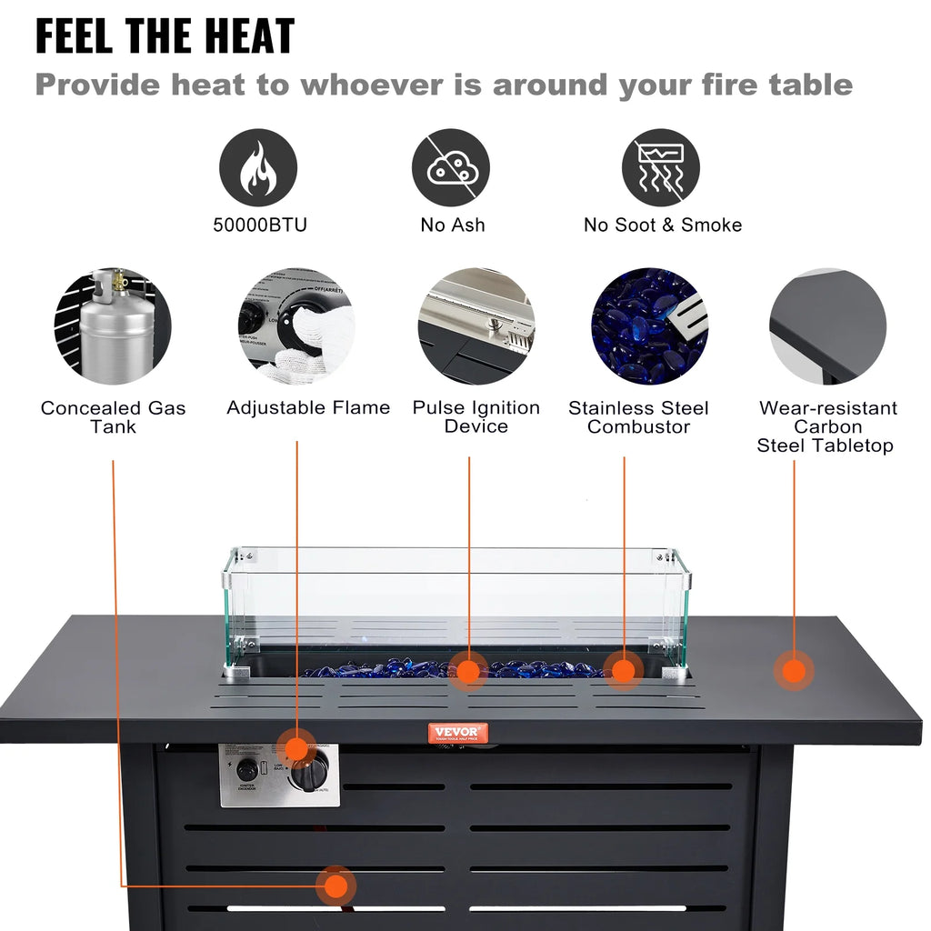 43" Outdoor Propane Gas Fire Pit Table with Glass Tabletop & lid S293104