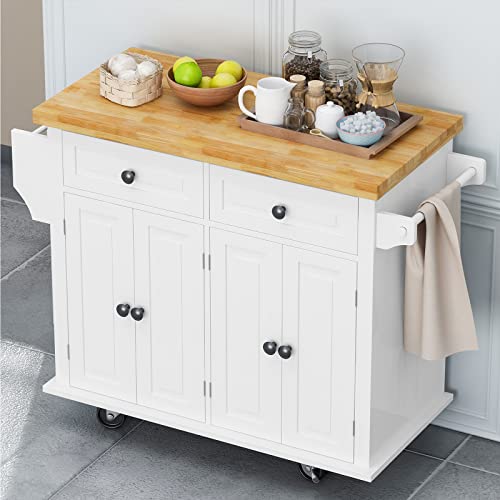 White Kitchen Island Cart with Wood Top and Drop Leaf H73662