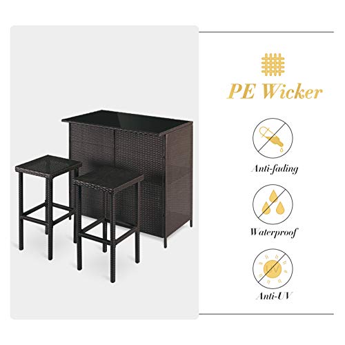 3-Piece Brown Wicker Patio Bar Set with Cushions B64789