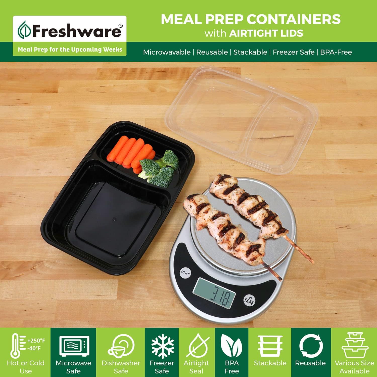 15 Pack 2 Compartment BPA Free Food Storage Containers with Lids W35901