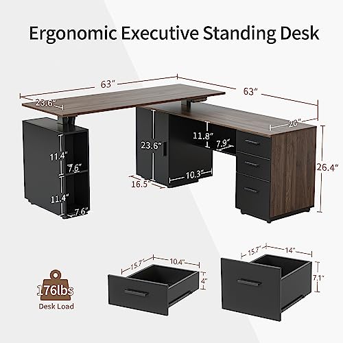 63" L Shaped Electric Height Adjustable Standing Desk with File Cabinet, Black Walnut A385