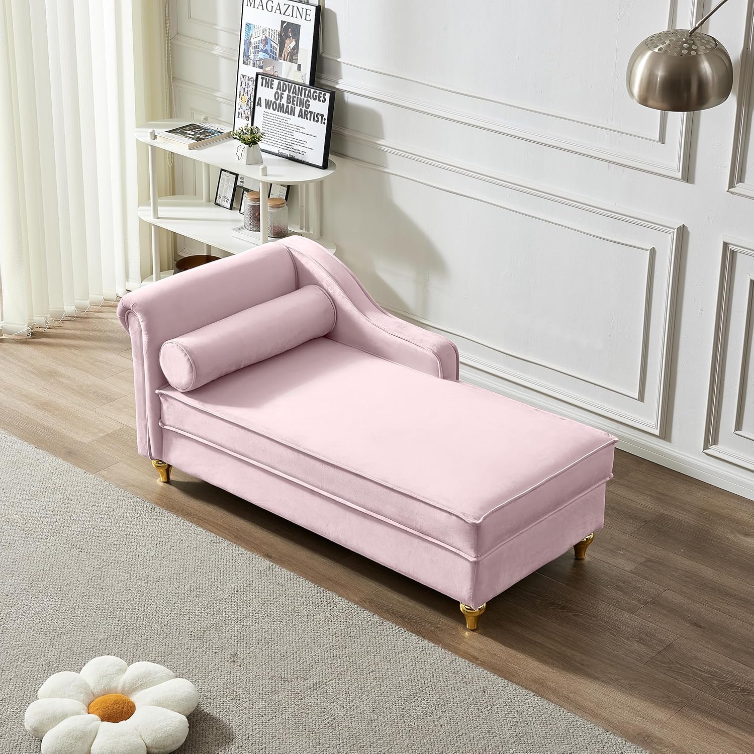 Pink Velvet Chaise Lounge Sofa Bed with Storage A85732