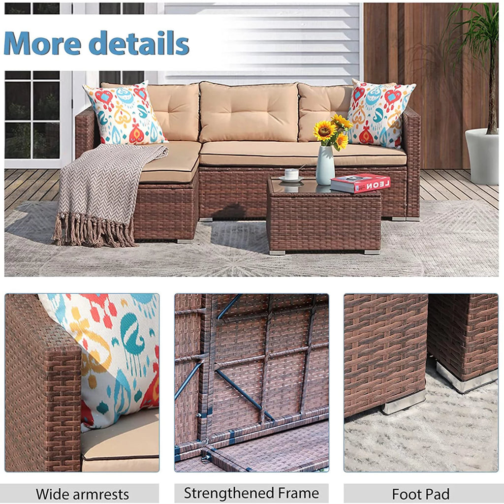 Beige 4 Piece Outdoor Wicker Sectional Sofa with Fire Pit Table O573