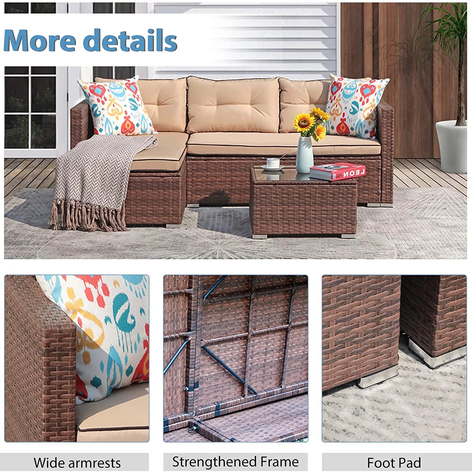 Beige 4 Piece Outdoor Wicker Sectional Sofa with Fire Pit Table O573