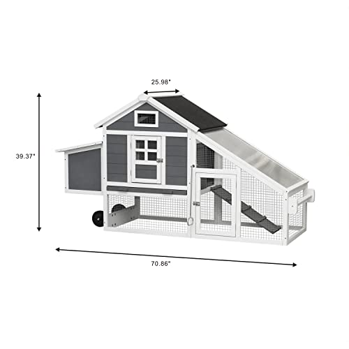 71" Movable Wooden Chicken Coop with Wheels and Run J635