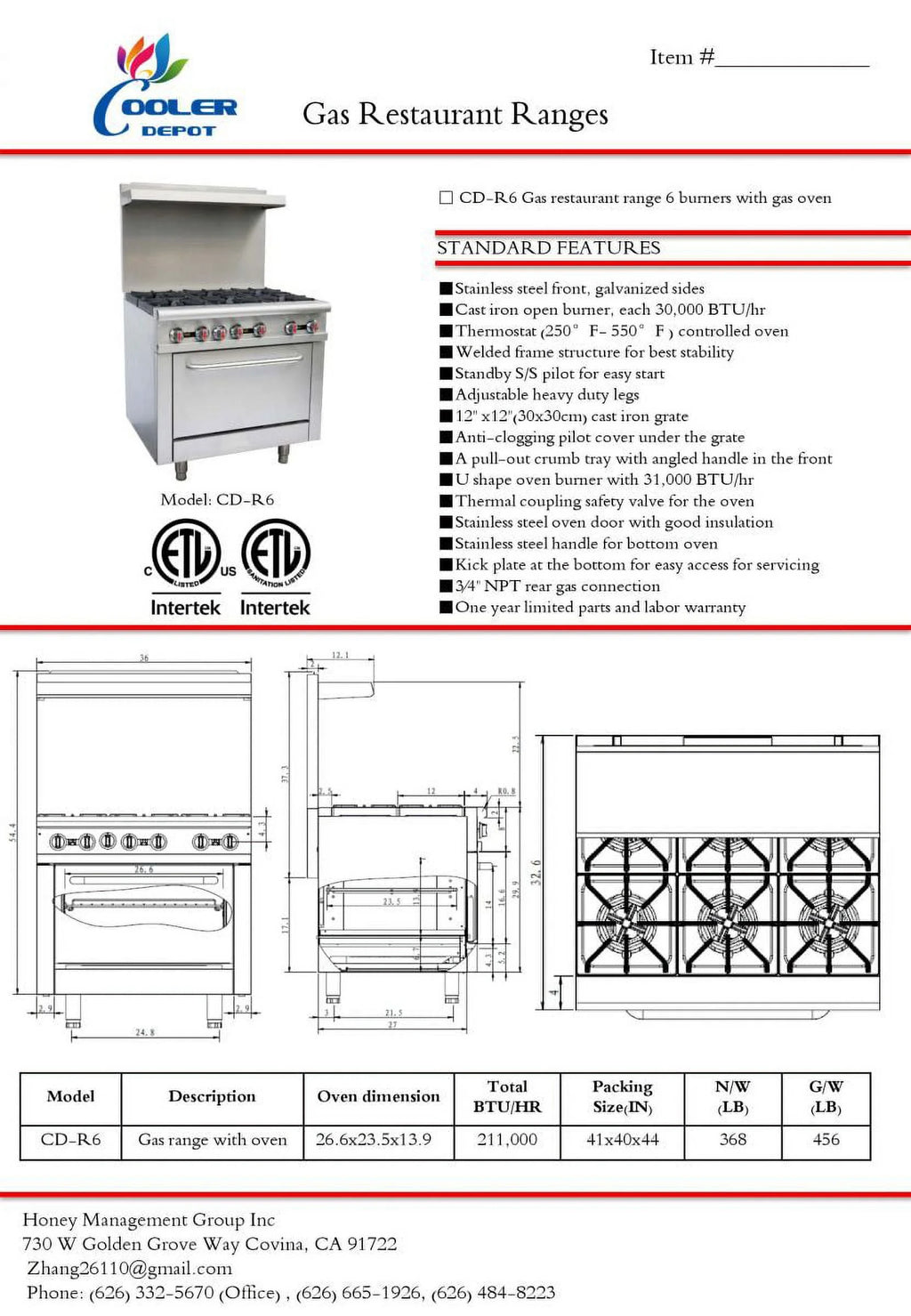 6 Burner Commercial Range and Oven, Stainless Steel, 211000 BTU B604