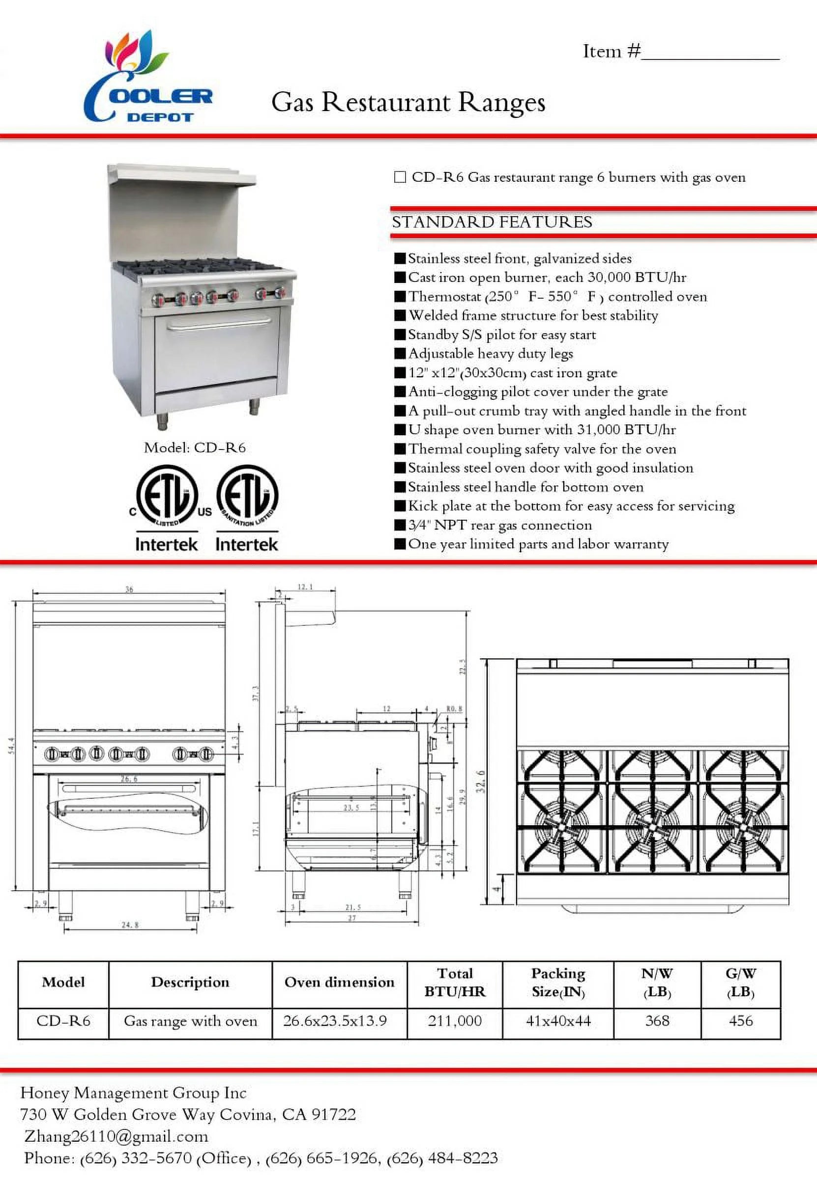 6 Burner Commercial Range and Oven, Stainless Steel, 211000 BTU B604