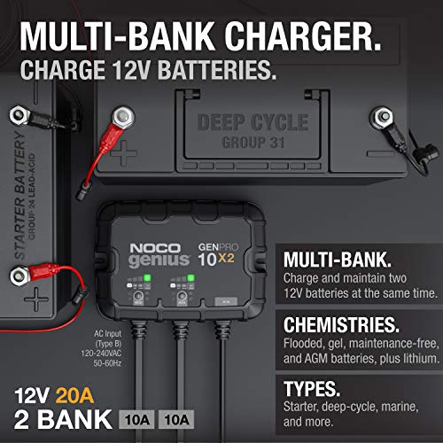 2-Bank 20A Onboard Waterproof Marine Battery Charger for Lead-Acid & Lithium Batteries C64588