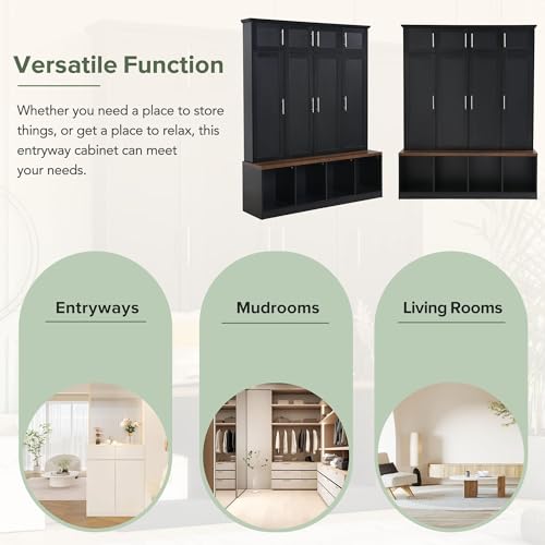White 4 Shelves 8 Cabinets Hall Tree Coat Rack with Bench R93386