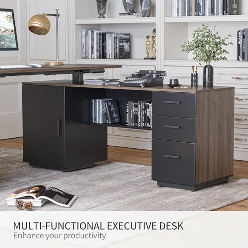 63" L Shaped Electric Height Adjustable Standing Desk with File Cabinet, Black Walnut A385