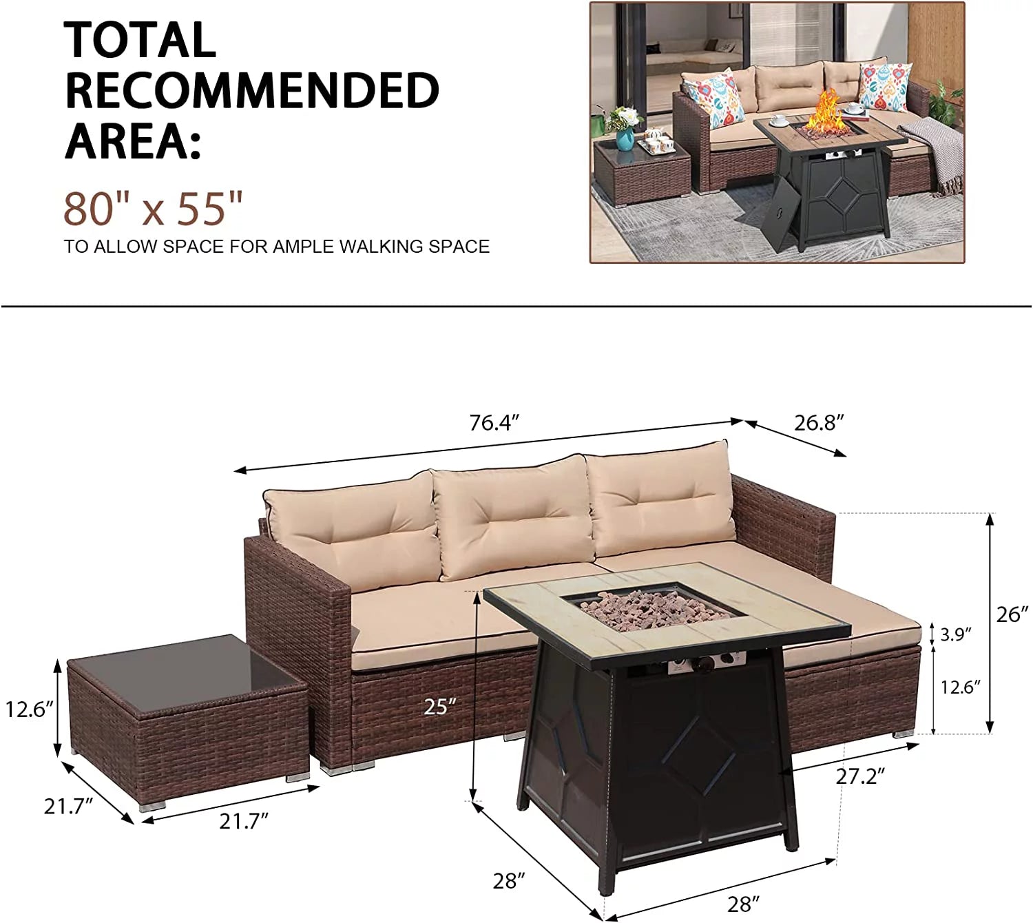 Beige 4 Piece Outdoor Wicker Sectional Sofa with Fire Pit Table O573