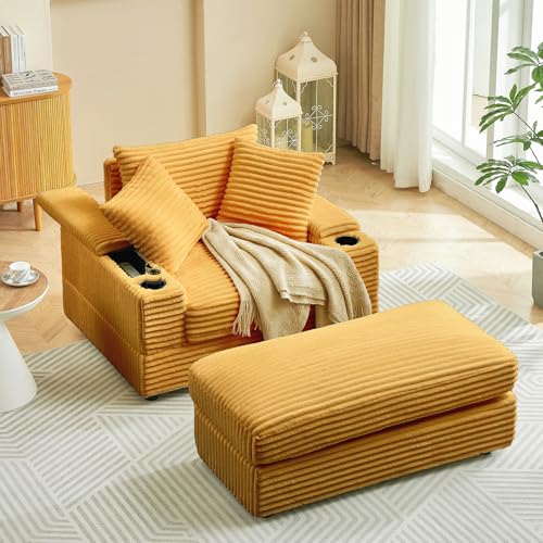 Oversized Corduroy Chaise Lounge Chair with Ottoman and Cup Holder Y52552