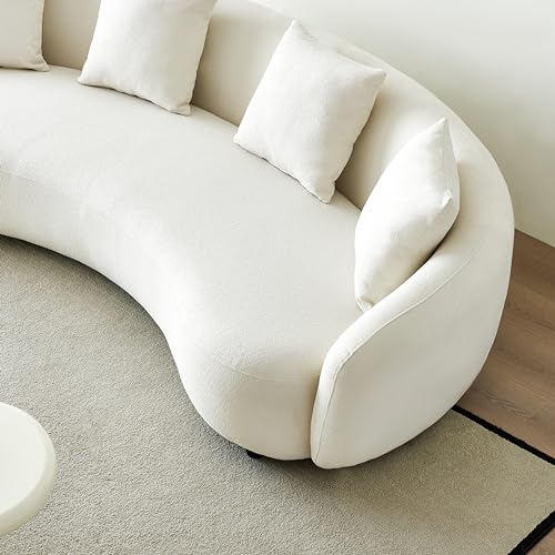 Curved Boucle Cream 4 Seater Sofa with 4 Throw Pillows H512502