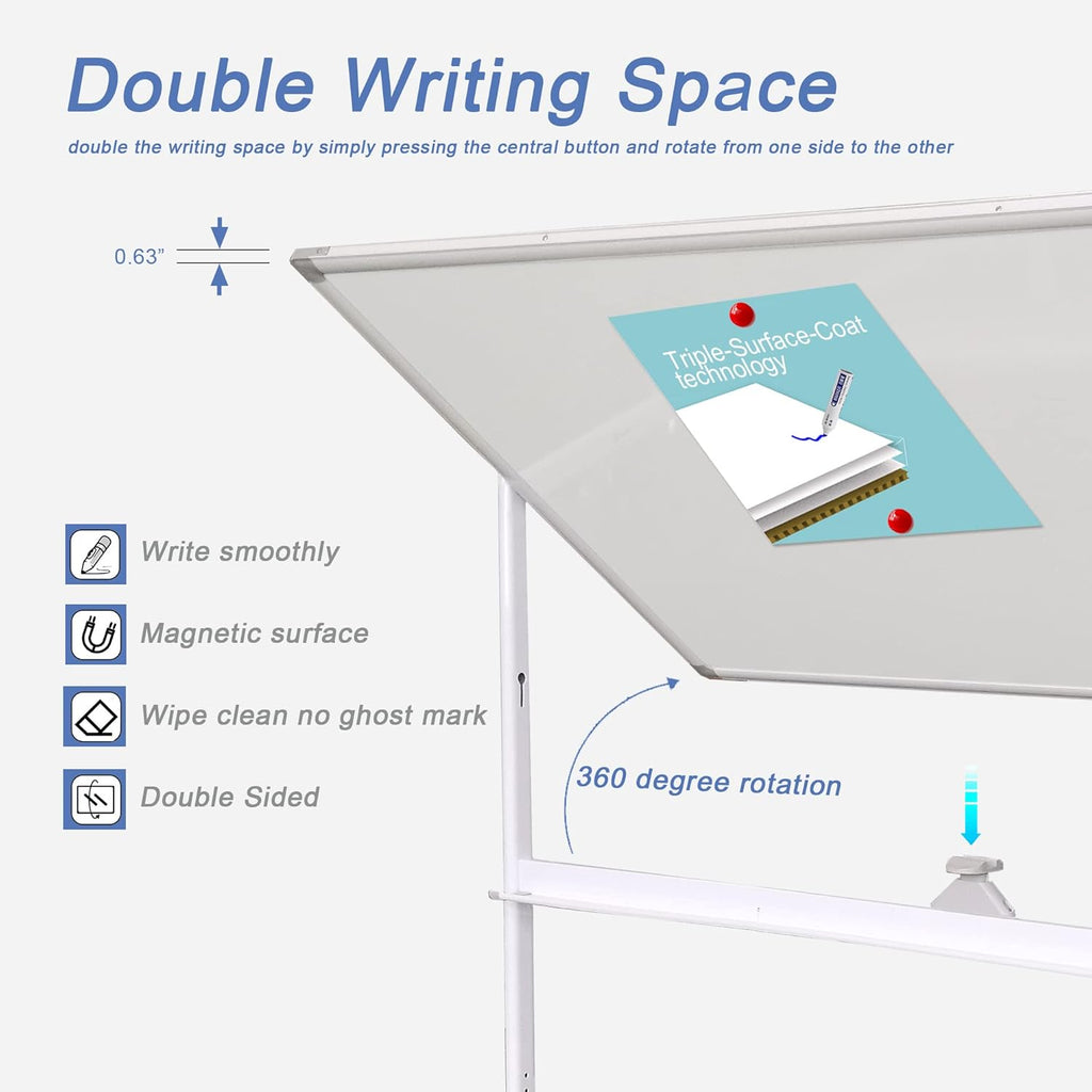 Mobile Double Sided Whiteboard 36 x 71 Inches with Aluminum White Frame Y9675