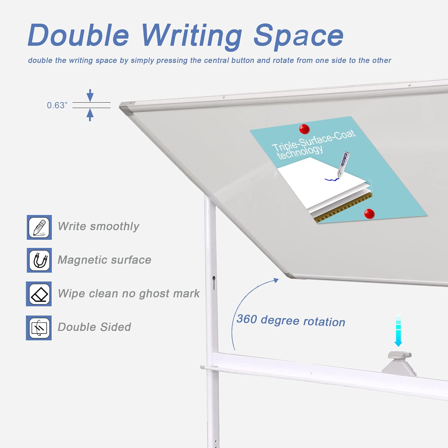 Mobile Double Sided Whiteboard 36 x 71 Inches with Aluminum White Frame Y9675