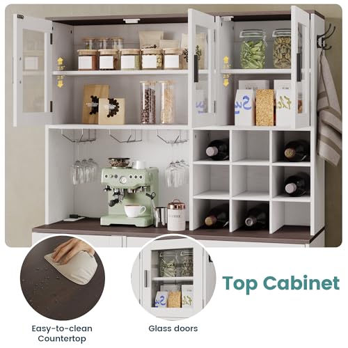White Tall Kitchen Pantry Cabinet with Glass Doors and Adjustable Shelves P26221