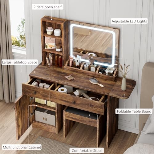 White Vanity Desk with Mirror and Lights, 2 Drawers X42598