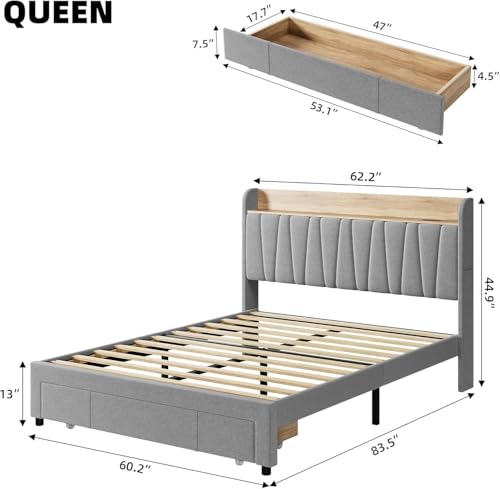 Beige Queen Size Upholstered Bed Frame with Drawers K2551