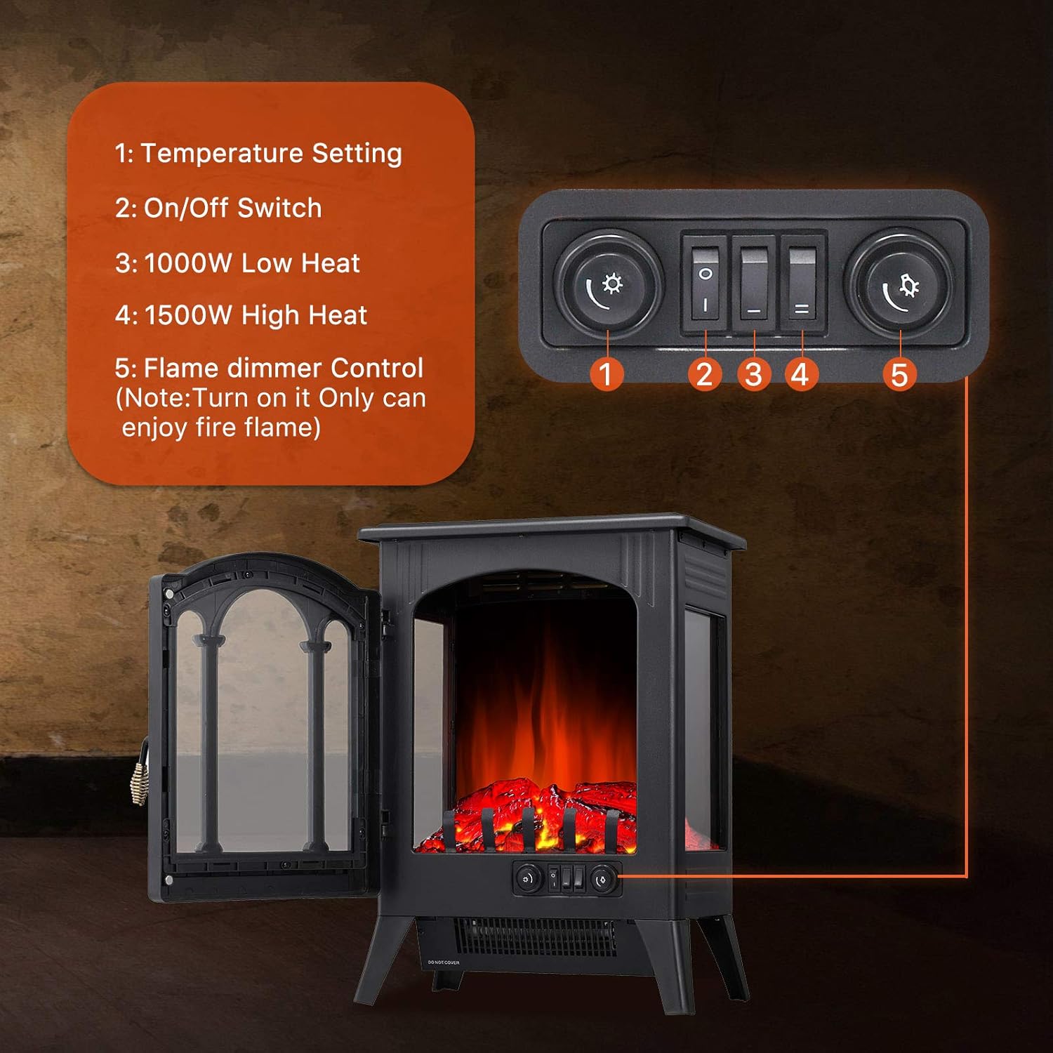 3D Infrared Electric Fireplace Stove, Freestanding Fireplace Heater, 1000W/1500W (16 Inch) Z3866