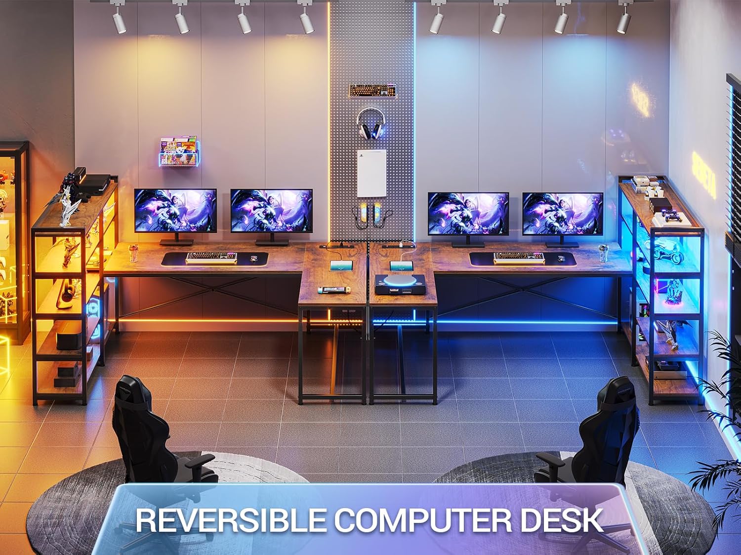 Rustic Brown L Shaped Computer Desk with Storage Shelves & Power Outlet Z50161