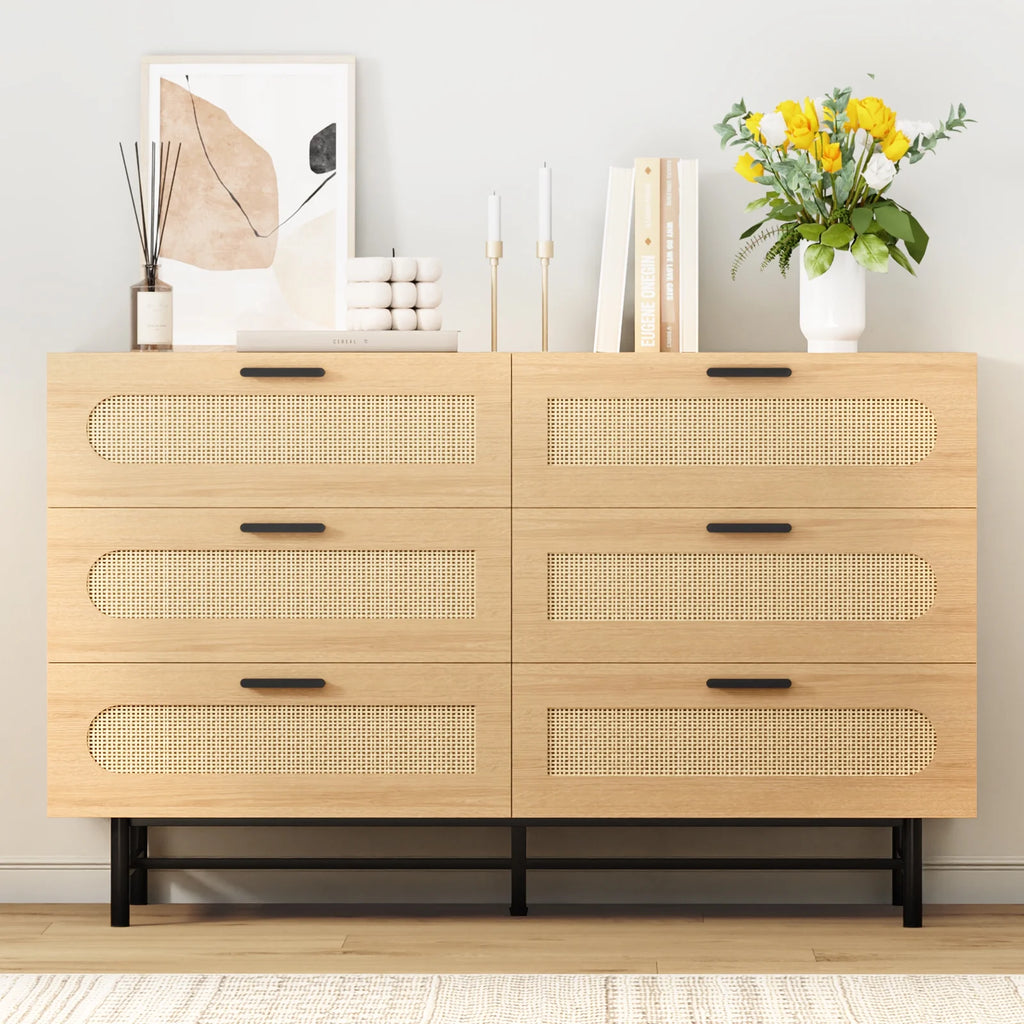 6 Drawer Natural Rattan Wood Dresser N33121