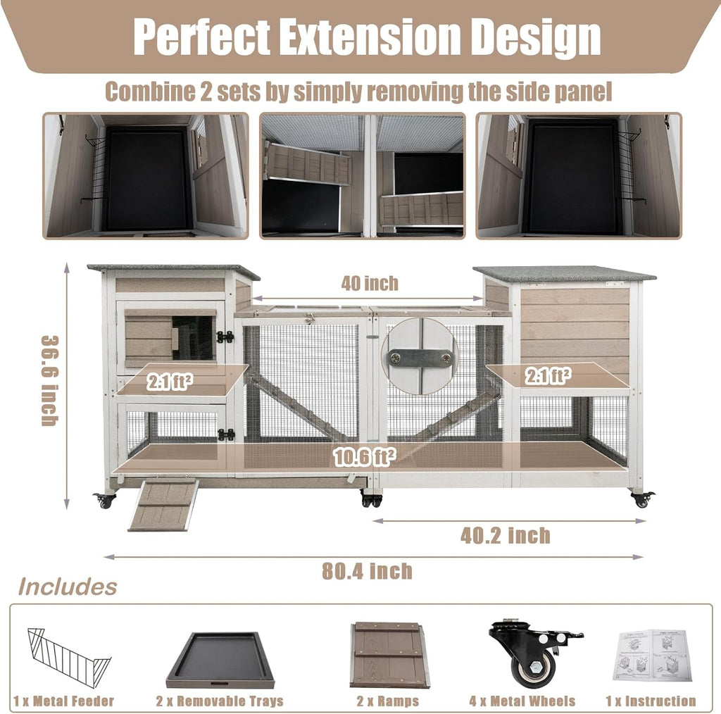 Grey Large 2 Story Wooden Guinea Pig Cage with 4 Metal Wheels and 2 Pull-Out Trays K853006