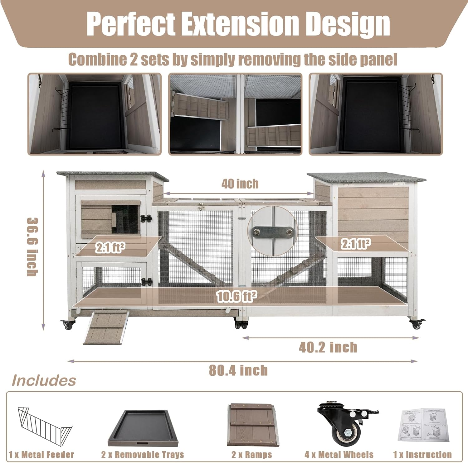 Grey Large 2 Story Wooden Guinea Pig Cage with 4 Metal Wheels and 2 Pull-Out Trays K853006