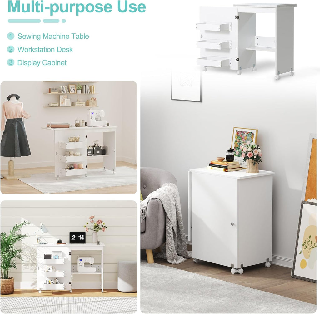 White Folding Sewing Table with 3 Storage Shelves and Lockable Casters V51131