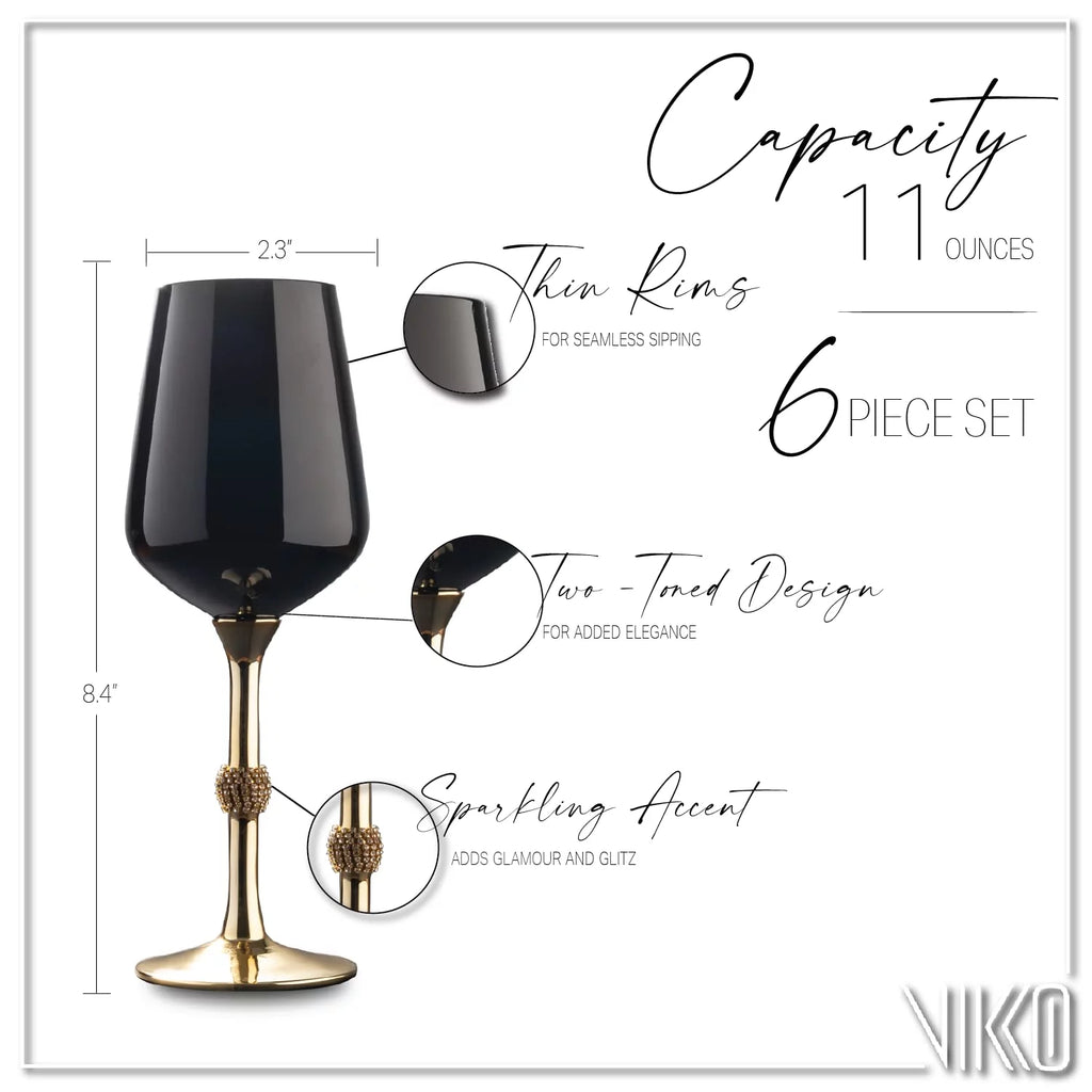 Black and Gold Wine Glasses, 11 Ounce, Set of Six Y166