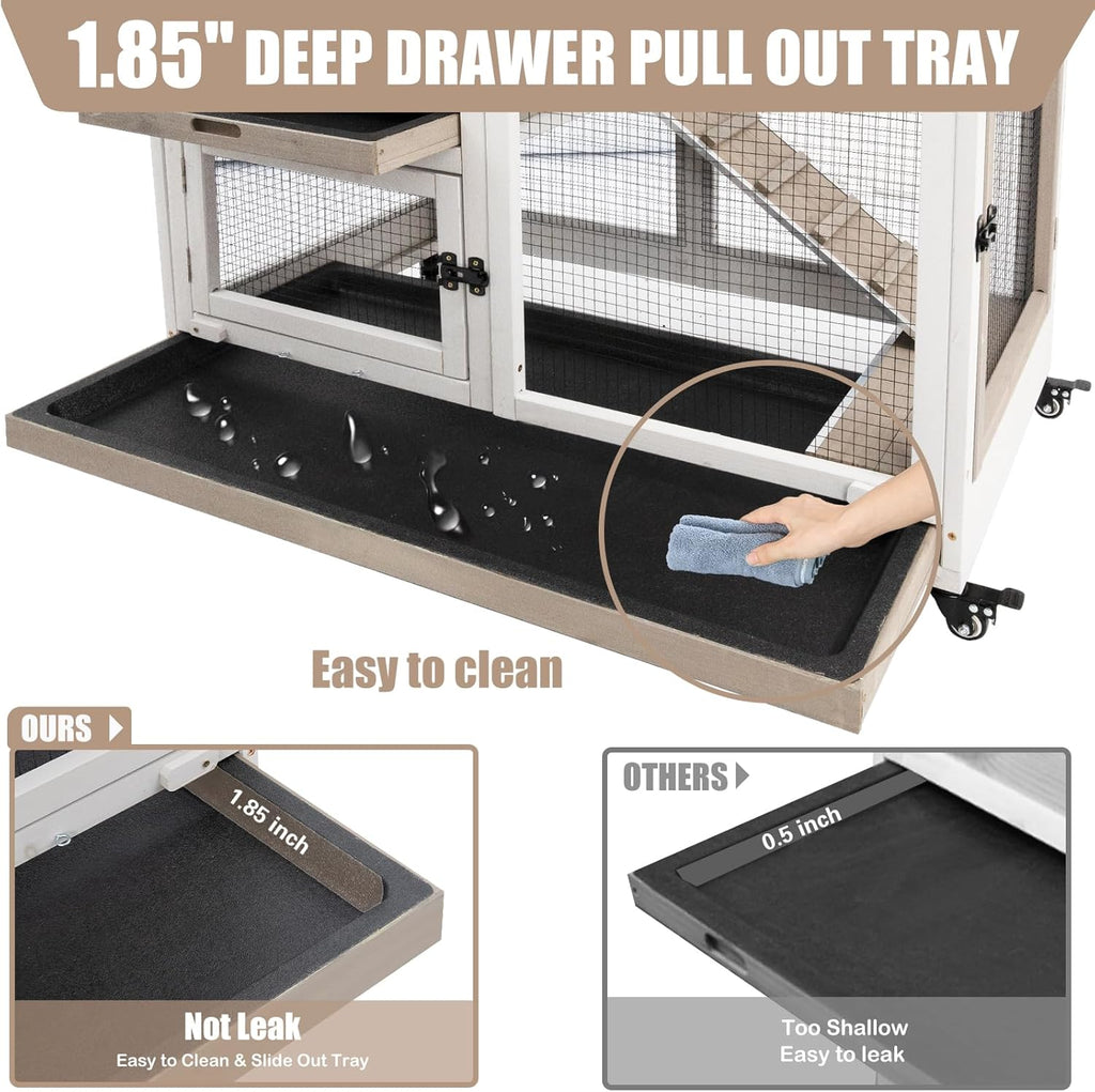 Grey Large 2 Story Wooden Guinea Pig Cage with 4 Metal Wheels and 2 Pull-Out Trays K853006