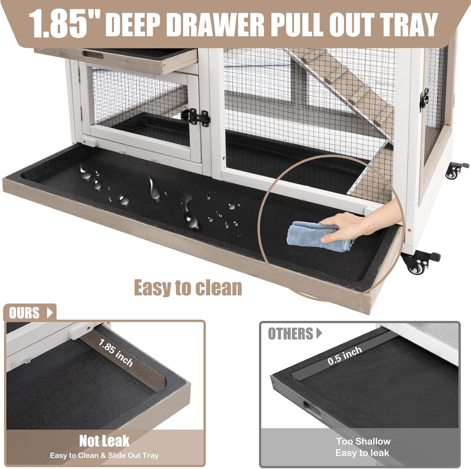 Grey Large 2 Story Wooden Guinea Pig Cage with 4 Metal Wheels and 2 Pull-Out Trays K853006