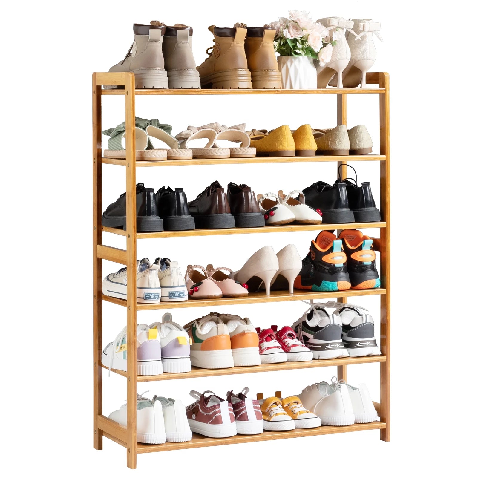6 Tiers Bamboo Shoe Storage Rack, 18-24 Pairs, Wood Color U2843