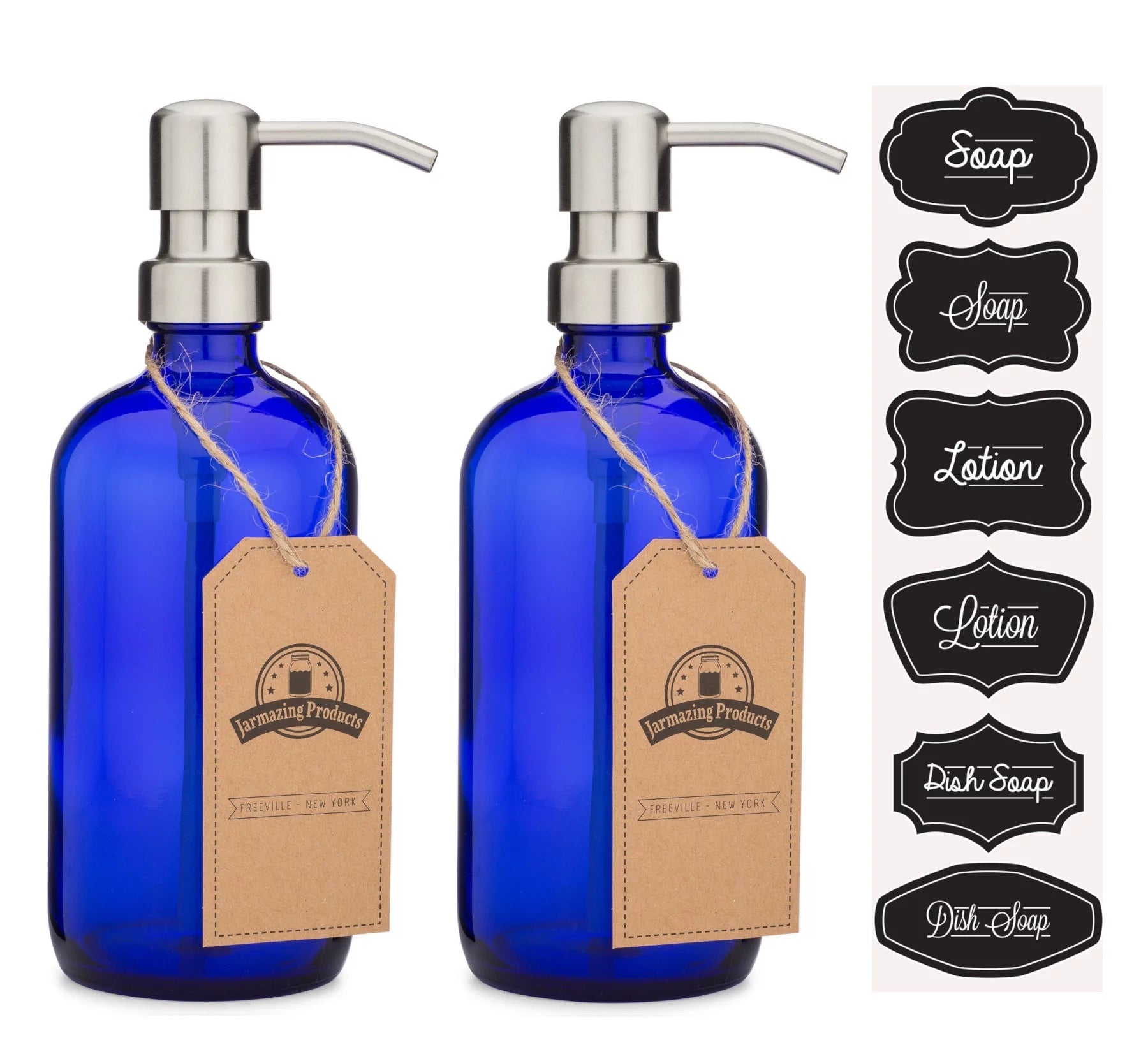 Cobalt Blue Glass Soap and Lotion Dispenser with Stainless Steel Pump - 2 Pack G480