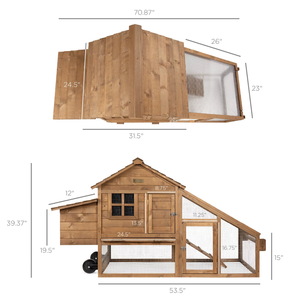 70in Mobile Fir Wood Chicken Coop with Wheels C3609