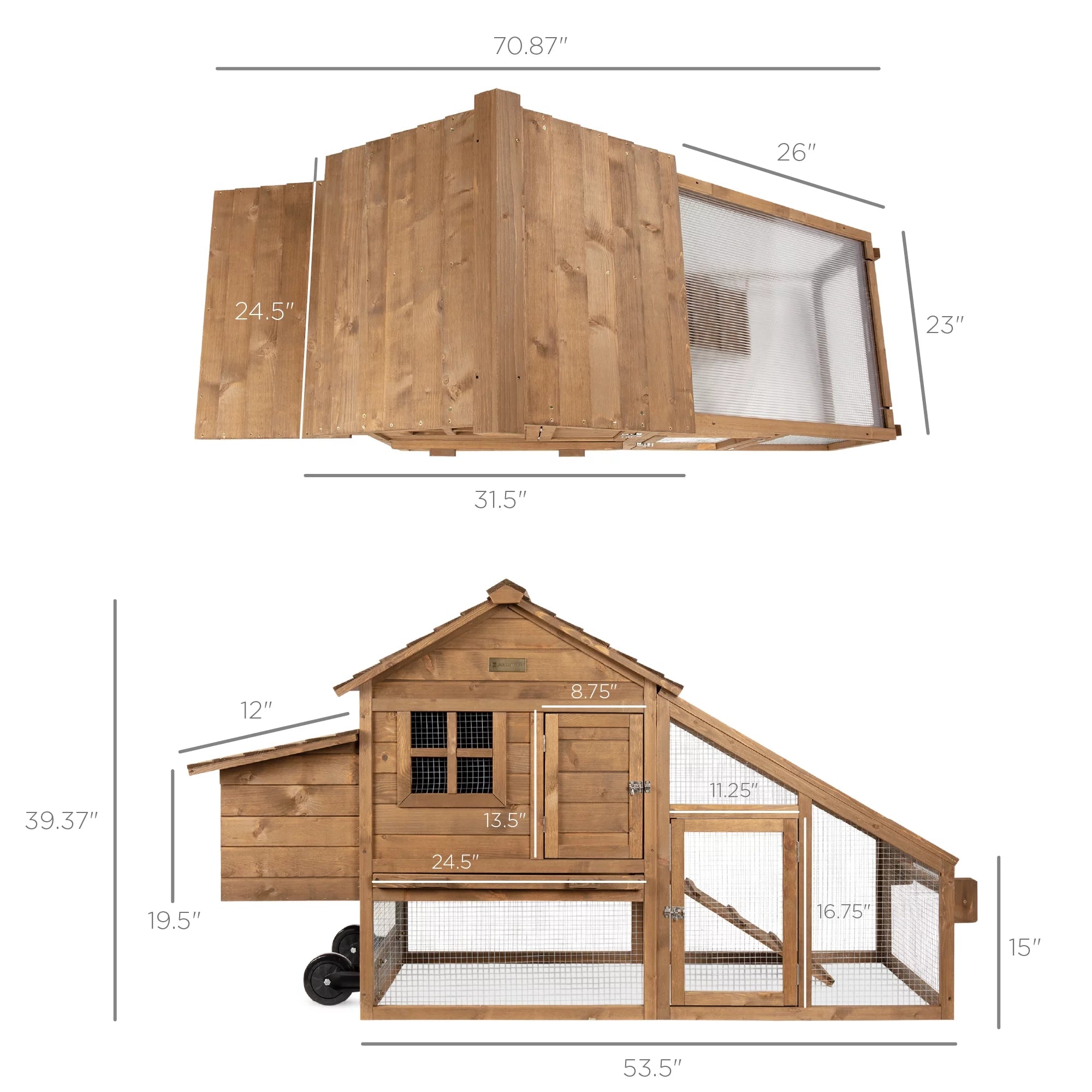 70in Mobile Fir Wood Chicken Coop with Wheels C3609