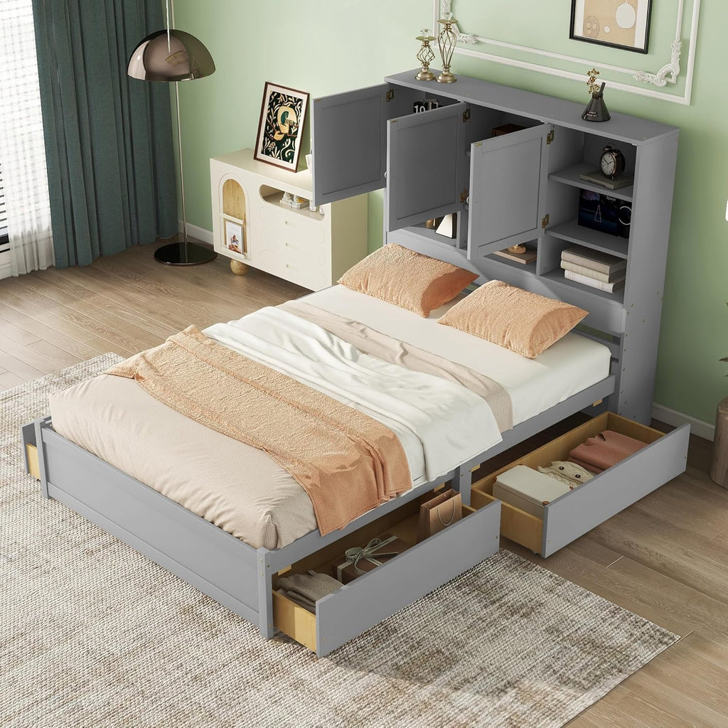 Gray Queen Size Wooden Platform Bedframe with Storage Headboard and 4 Drawers L31056