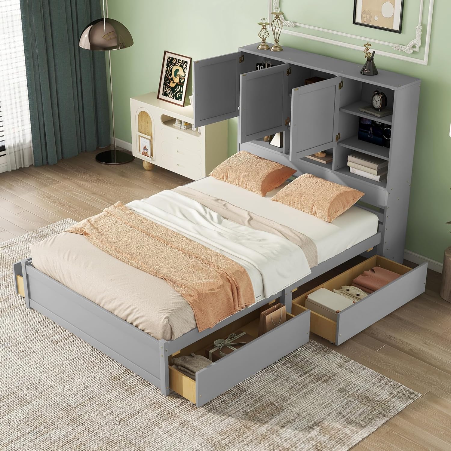 Gray Queen Size Wooden Platform Bedframe with Storage Headboard and 4 Drawers L31056
