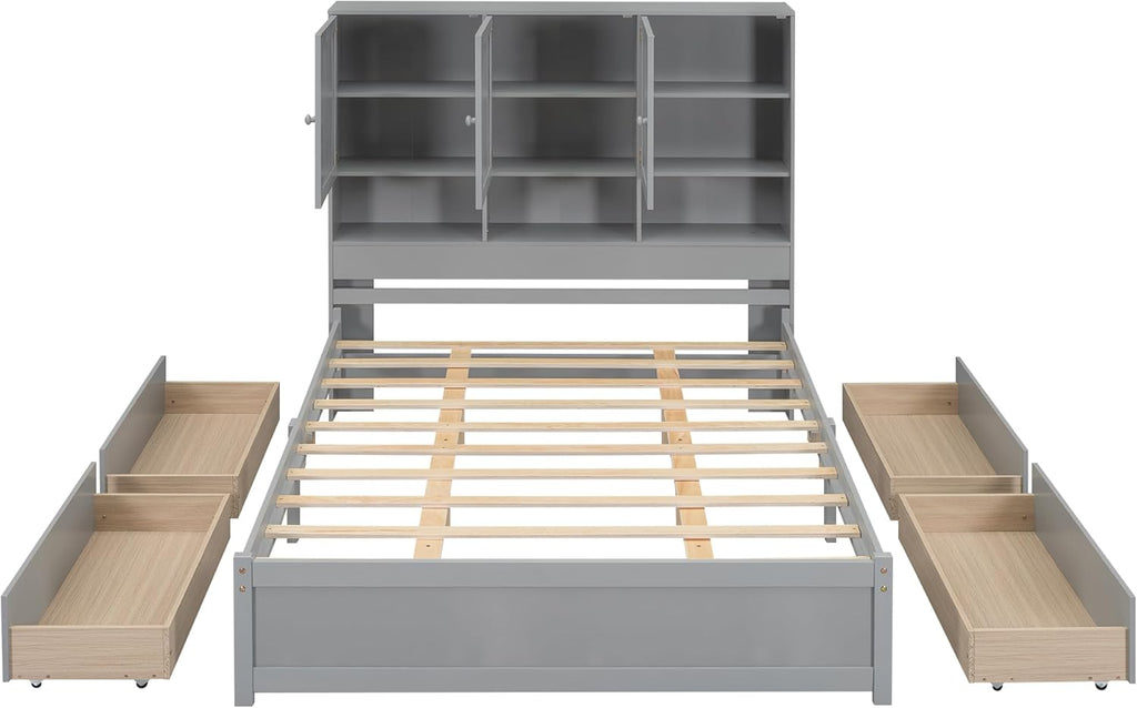 Gray Queen Size Wooden Platform Bedframe with Storage Headboard and 4 Drawers L31056