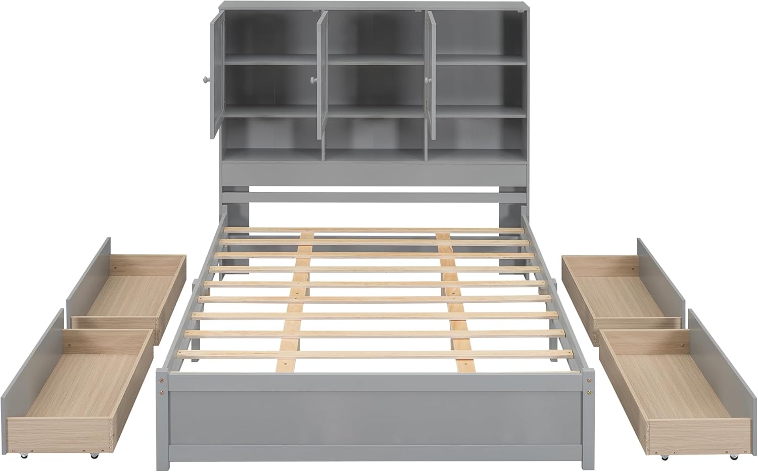 Gray Queen Size Wooden Platform Bedframe with Storage Headboard and 4 Drawers L31056