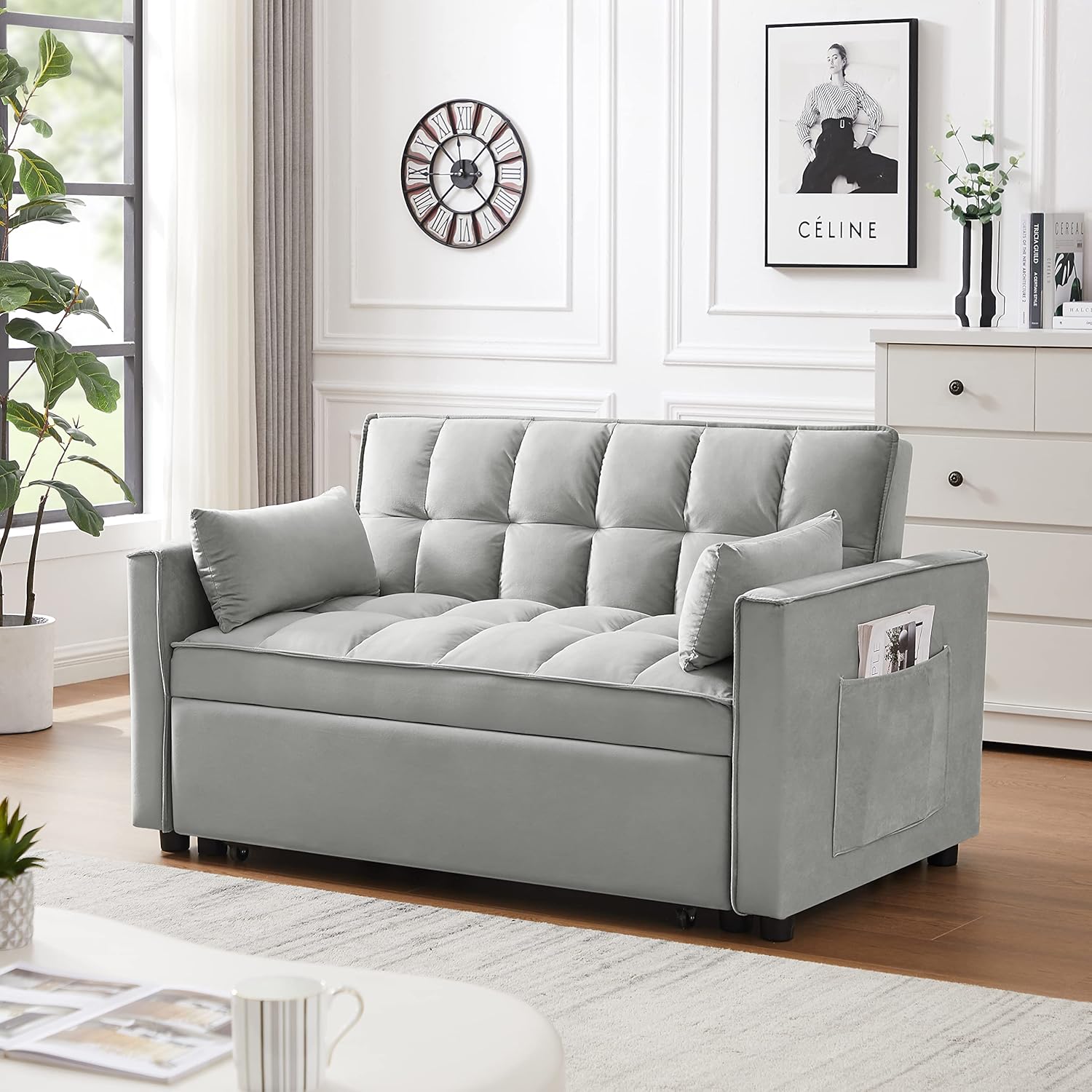 Gray Velvet Convertible Sofa Bed with Pullout Bed J8563