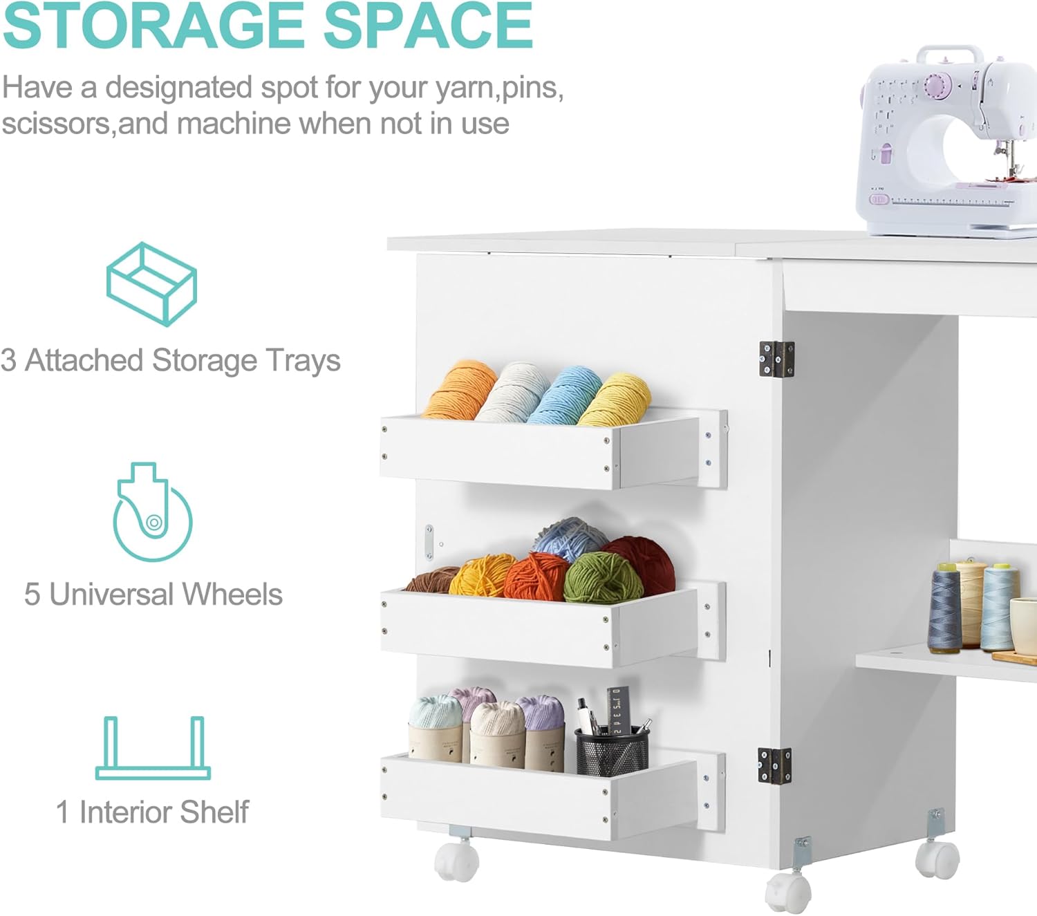White Folding Sewing Table with 3 Storage Shelves and Lockable Casters V51131