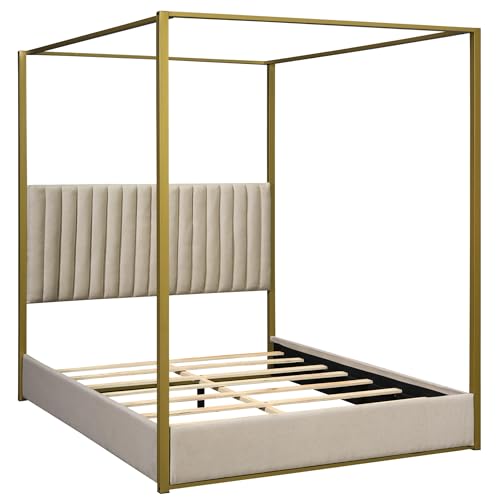 Queen Size Beige Upholstered Canopy Platform Bed Frame K270