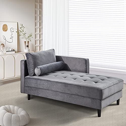 64" Upholstered Velvet Chaise Lounge with Left Armrest & Lumbar Pillow B400570