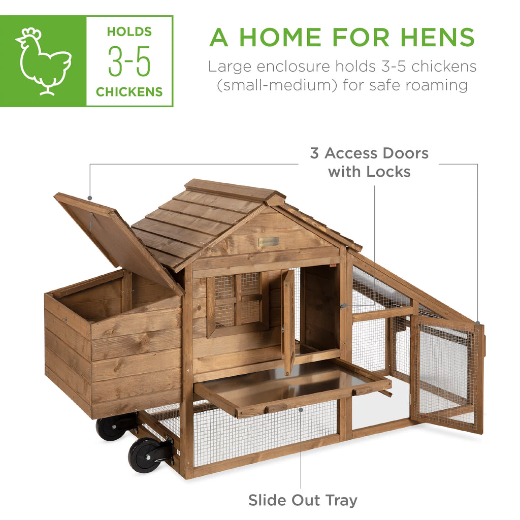 70in Mobile Fir Wood Chicken Coop with Wheels C3609