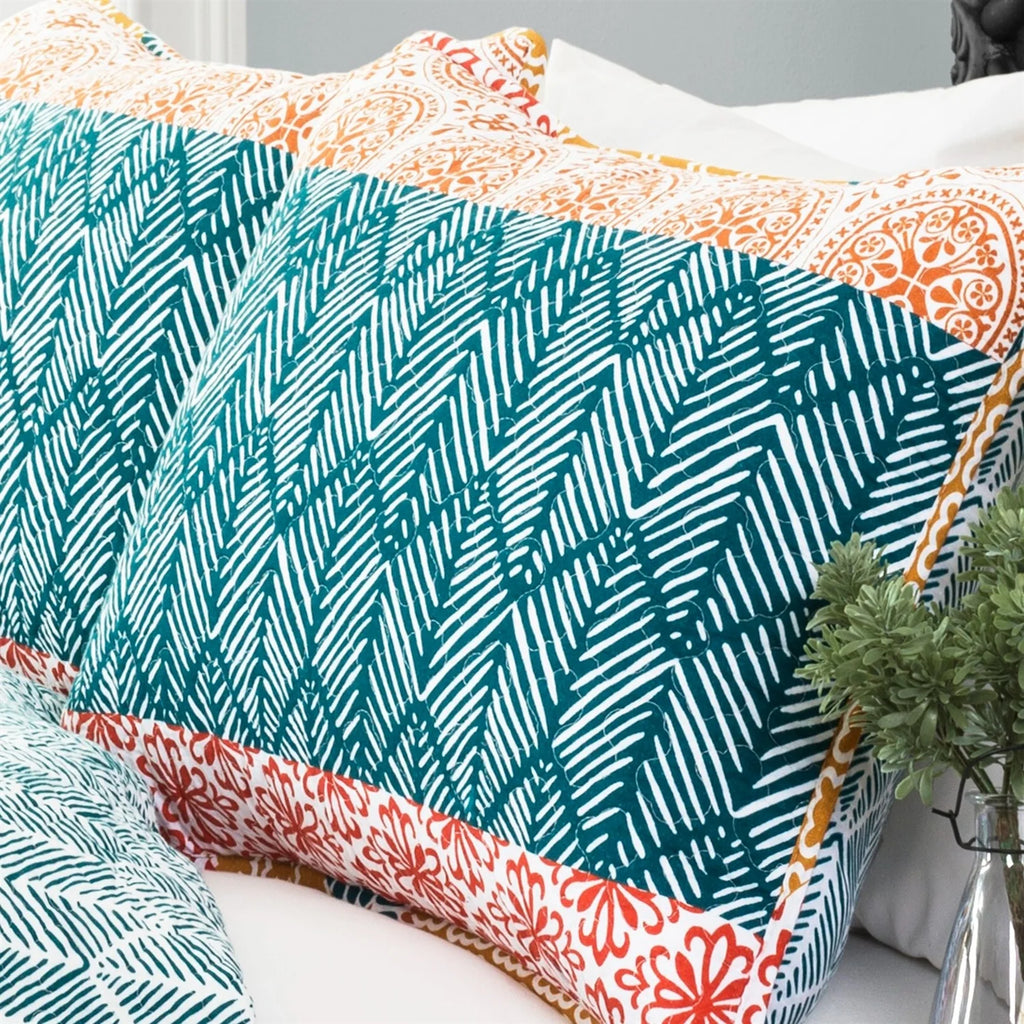 Teal Orange Bohemian Stripe 3 Piece Reversible Cotton Quilt Set P839492