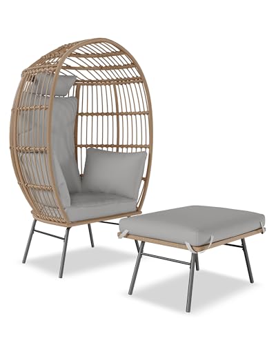 Grey Oversized Wicker Egg Chair with Ottoman H8173